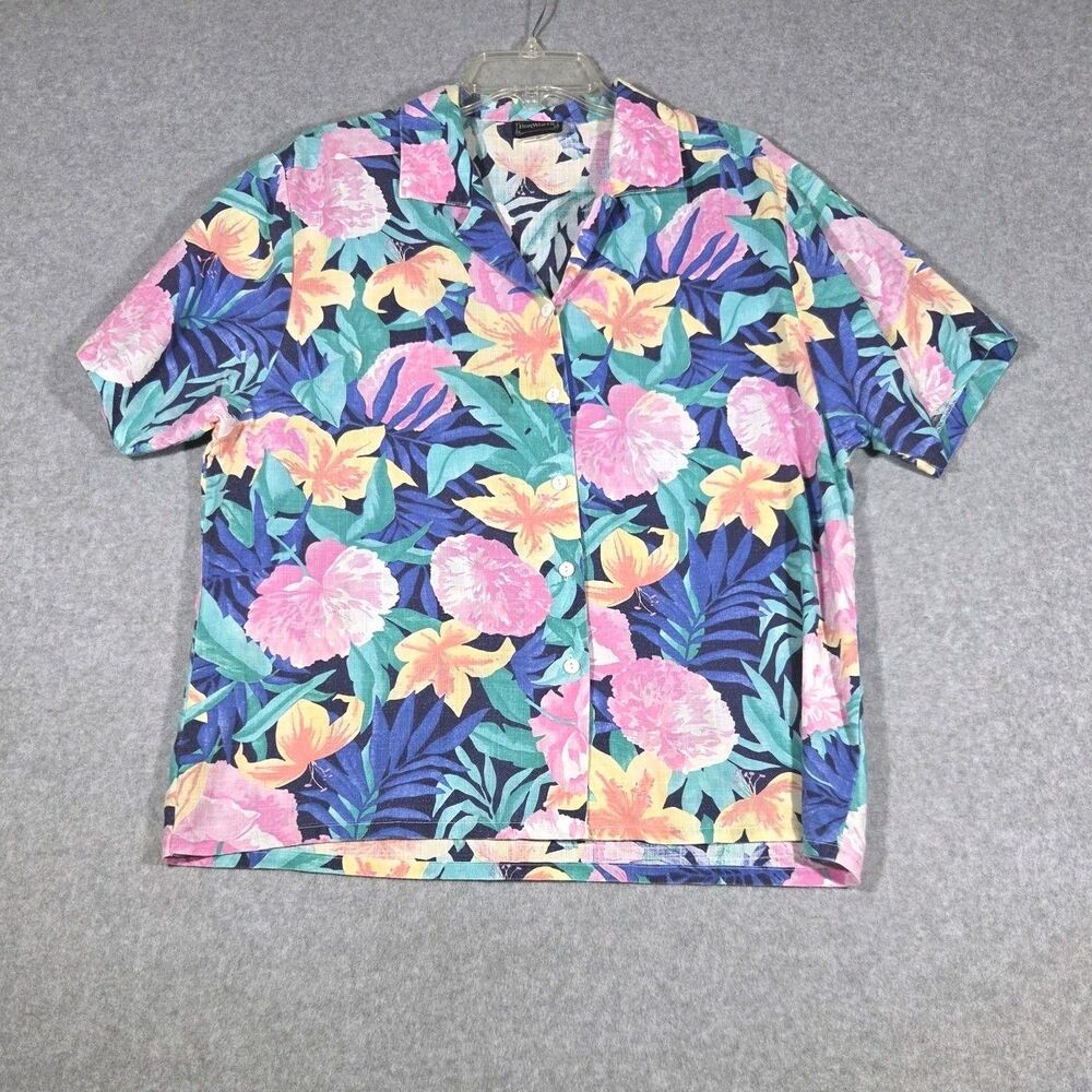 Vtg BonWorth Tropical Flower Blouse XL Petite Colorful Resort Camp Shirt 80s